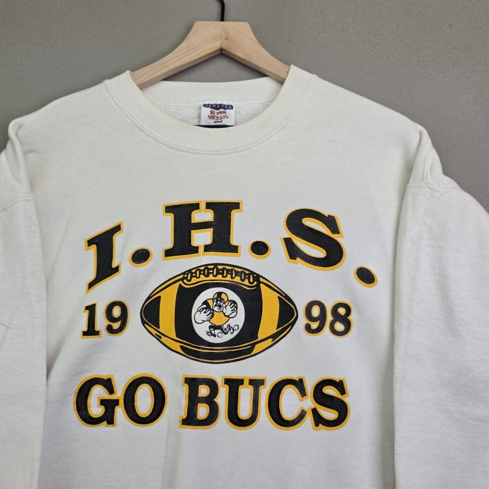Vintage 90s Jerzees IHS Go Bucs 1998 Football Crewneck Sweatshirt Sz L White USA